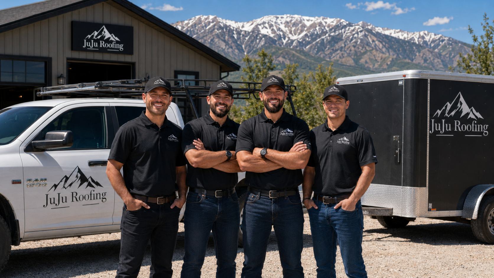 JuJu Roofing crew at the shop with company truck and trailer