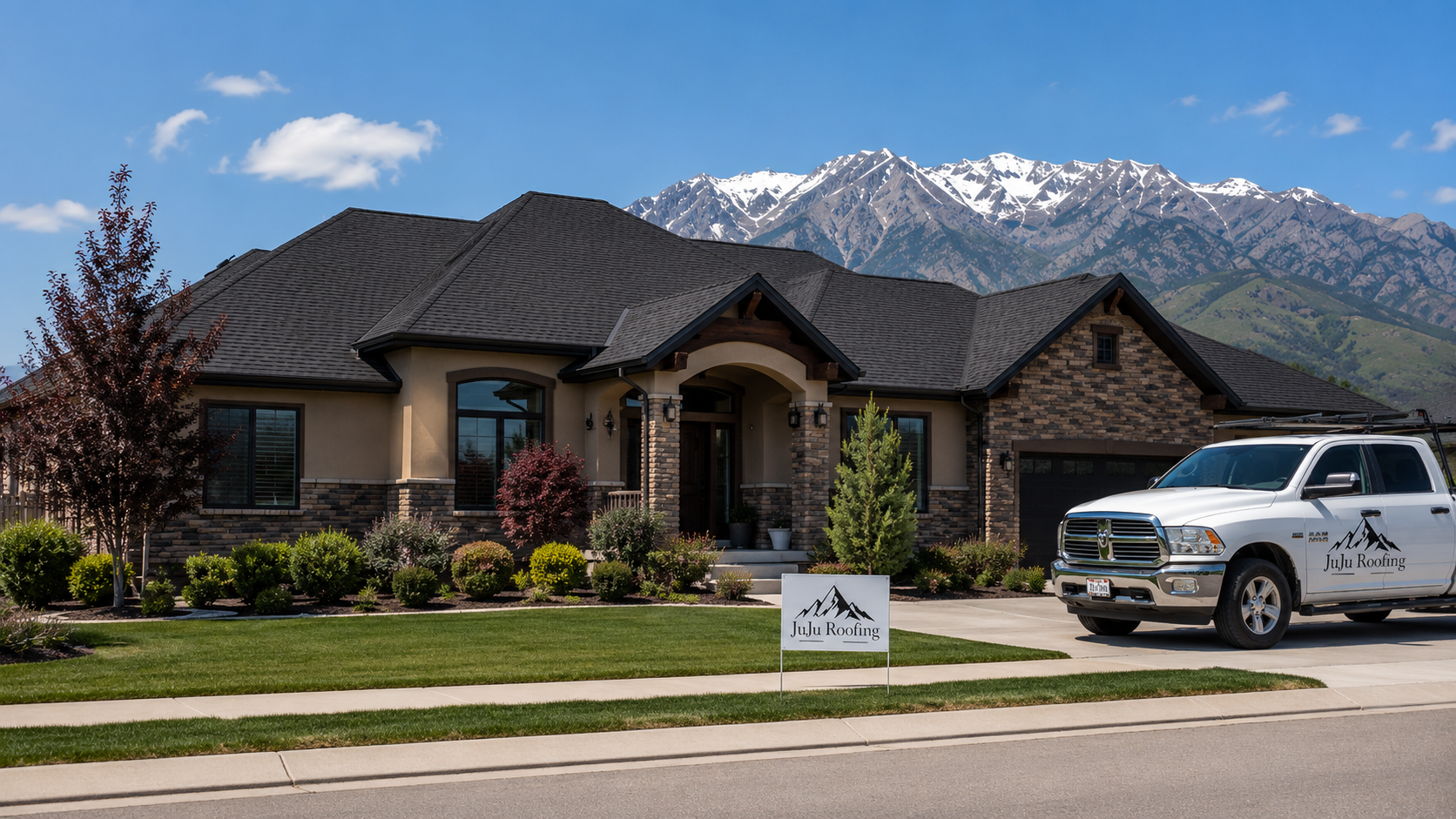 JuJu Roofing team in front of a completed Utah home